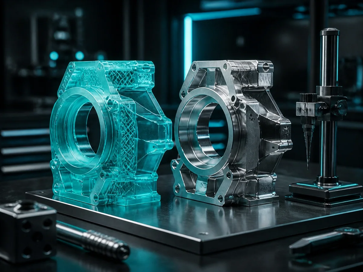 Concept visualization of a printed prototype beside its production part