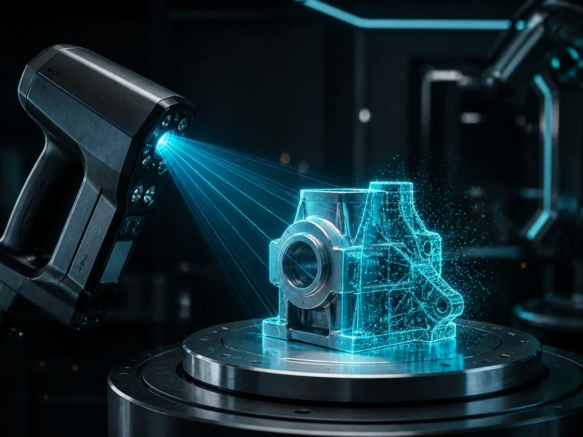 Concept visualization of a 3D scanner capturing a physical part