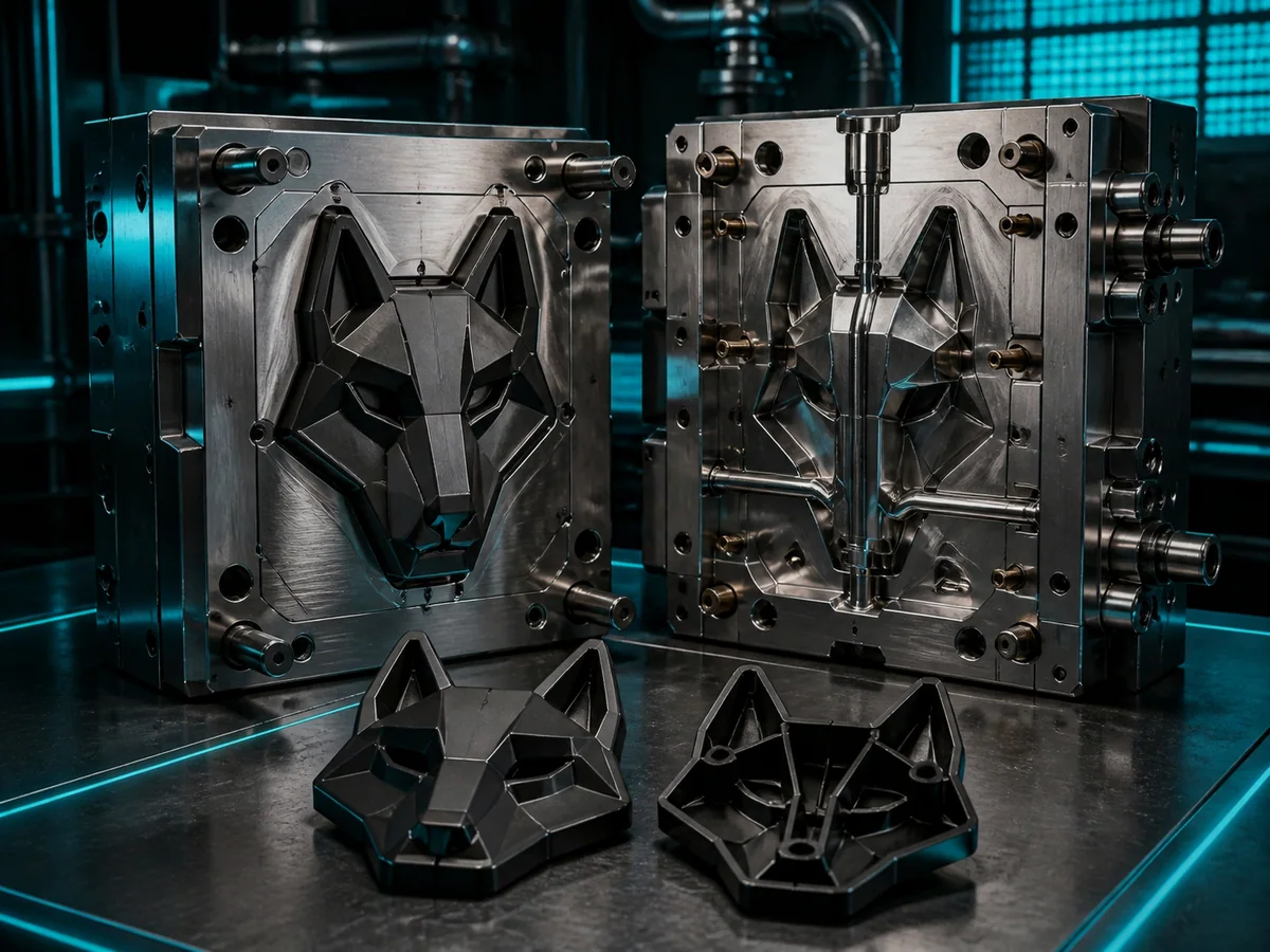 Concept visualization of an injection mould tool and moulded parts