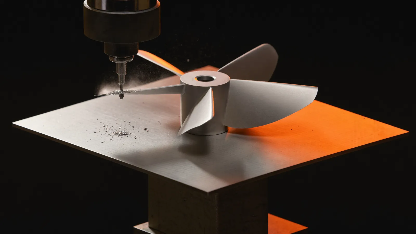 Concept render of an impeller being finished on a dark work plate