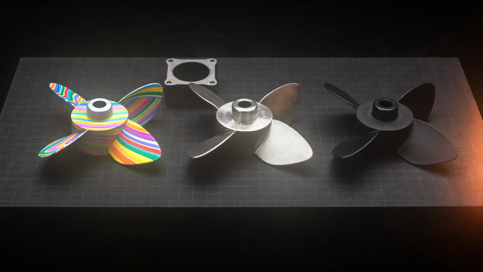Concept render of printed, finished and injection-moulded impellers with an open mould